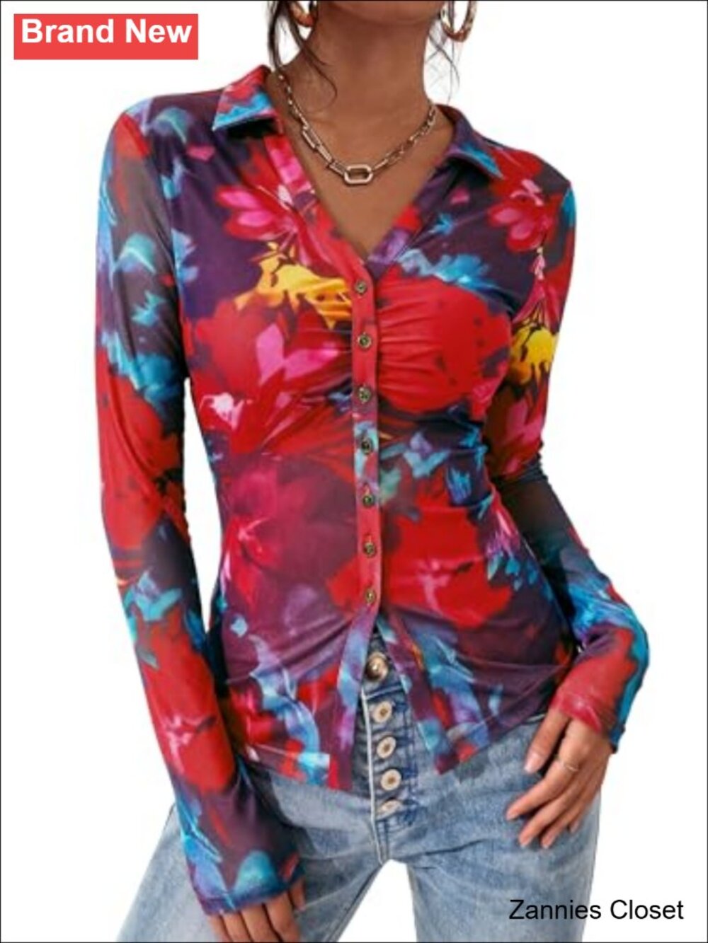 ✨ PRETTYGARDEN Women's Mesh Floral Button Down Blouse V-Neck Long Sleeve